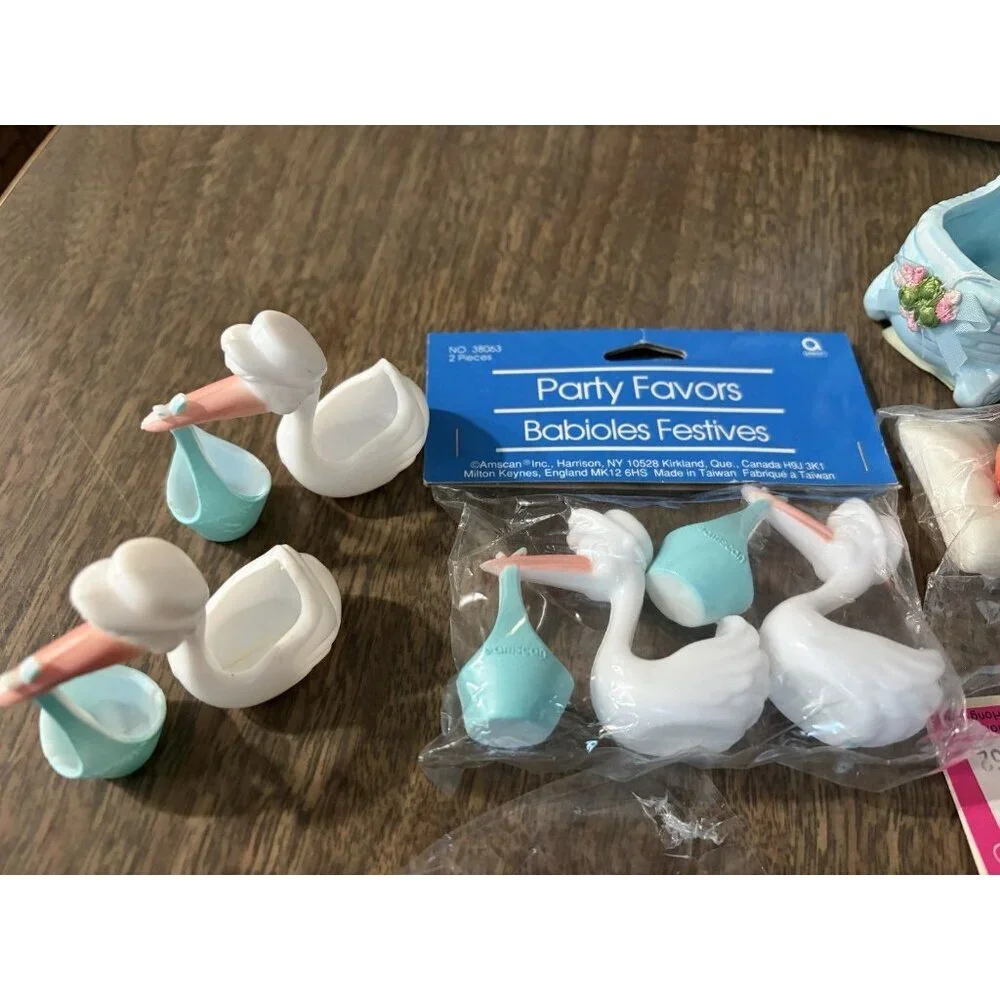 Vintage Baby Boy Cake Toppers Amscan New Lot Of 9 Storks Baby Shoe Carriage